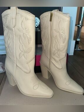 Vince Camuto Cream Embroidered Western Mid-Calf Heeled Boots